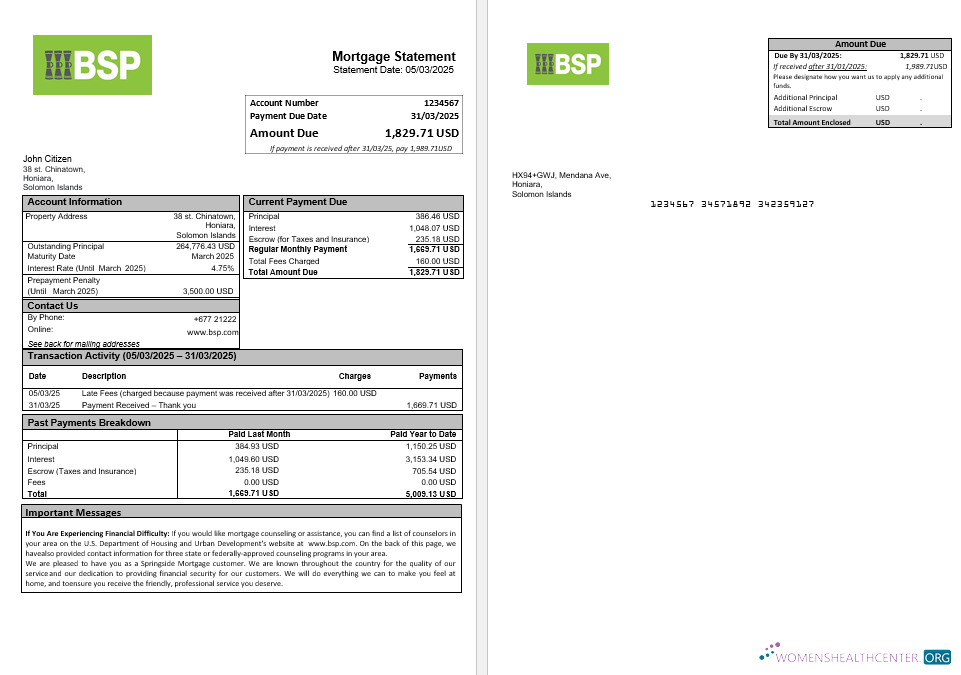 Download Solomon Islands BSP bank mortgage statement in Word and PDF formats Photoshop template